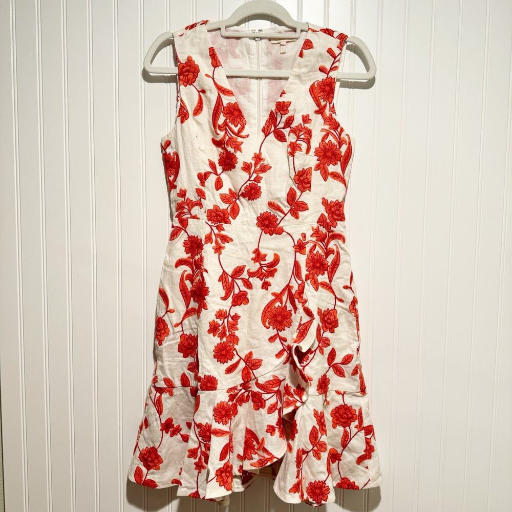 Rebecca Taylor Scarlet Floral Embroidered Ruffled Linen Dress Sleeveless Size 0 - Picture 2 of 7